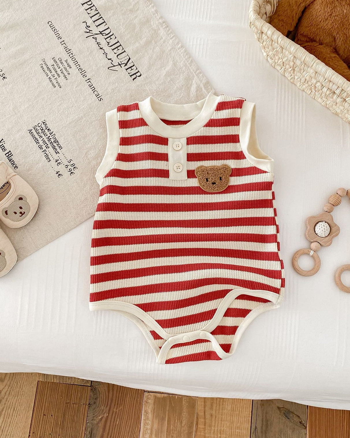 Striped Bear Head Sleeveless Baby Romper