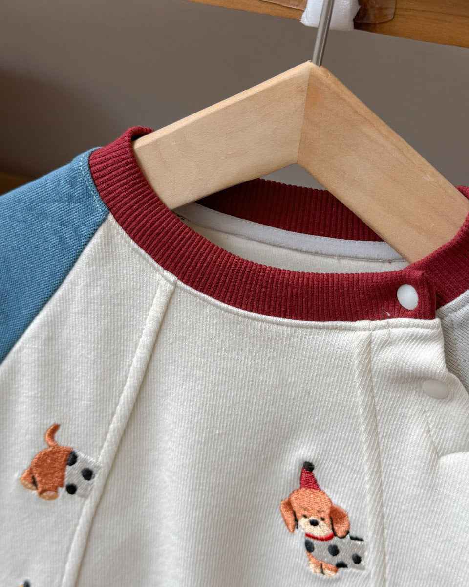 Puppy Pattern Color Block Long Sleeve Baby Jumpsuits