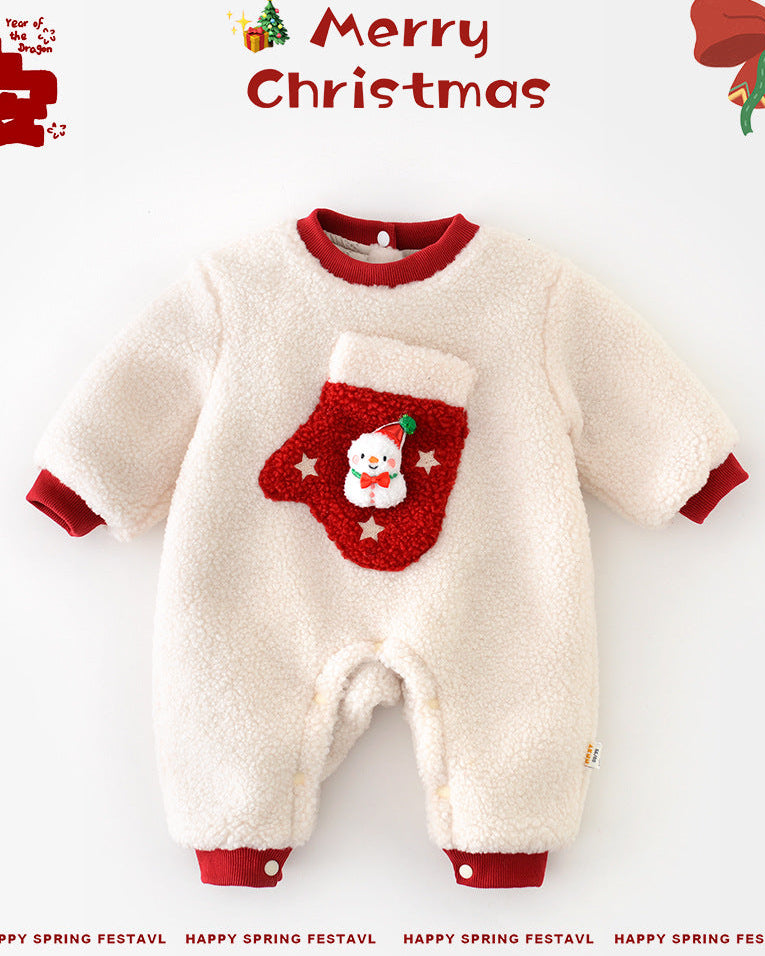 Christmas Fleece Snowman Pocket Baby Jumpsuits