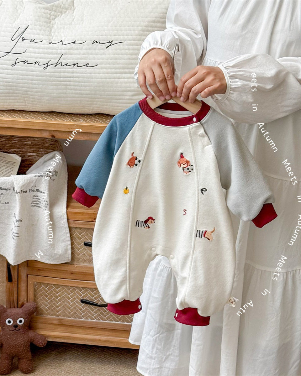 Puppy Pattern Color Block Long Sleeve Baby Jumpsuits