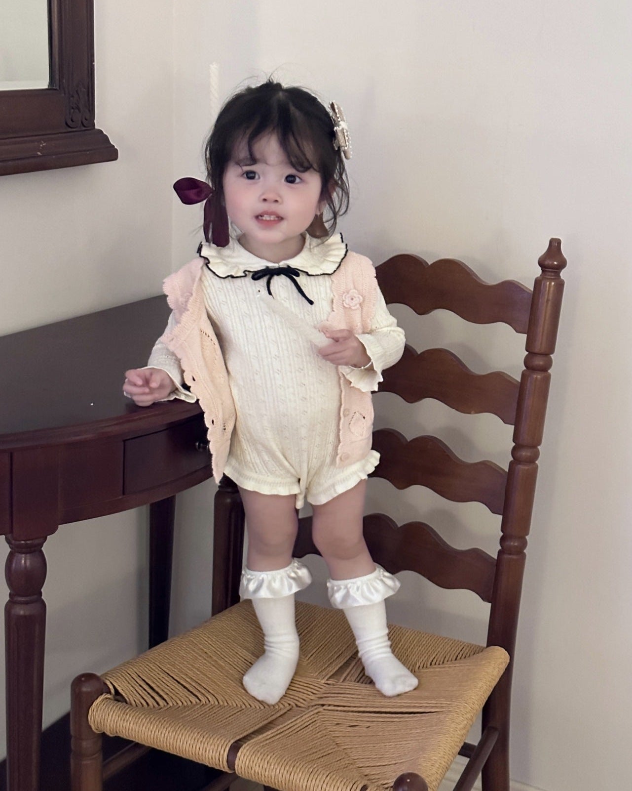 Sweet Ruffled Collar Solid Color Knitted Baby Romper