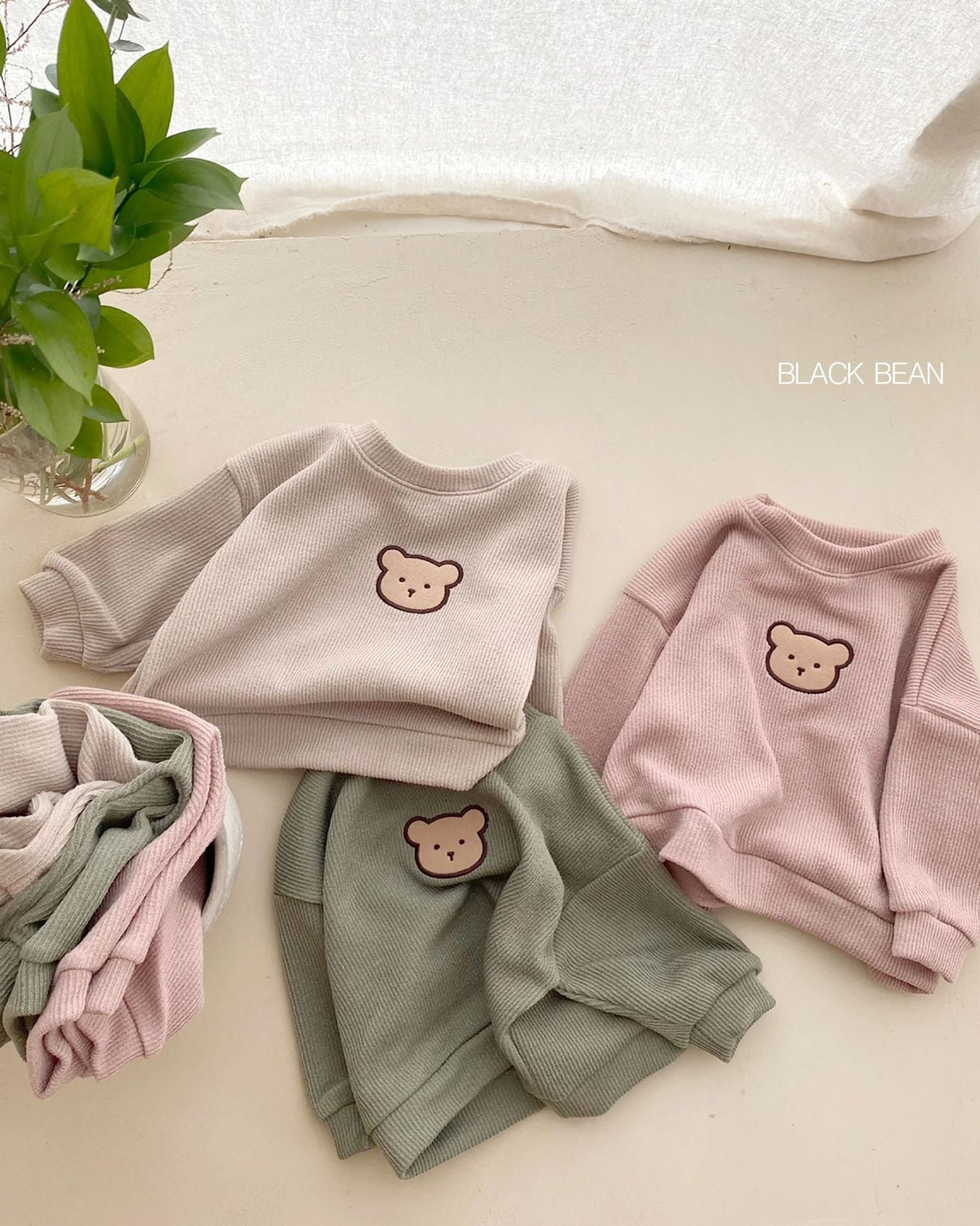 Solid Color Bear Baby Hoodie Pants 2pcs Set
