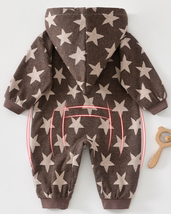 Star Printed Zipped Warm Baby Hooded Jumpsuits