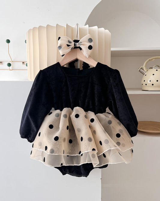 Polka Dot Tulle Long Sleeve Baby Bodysuit Dress