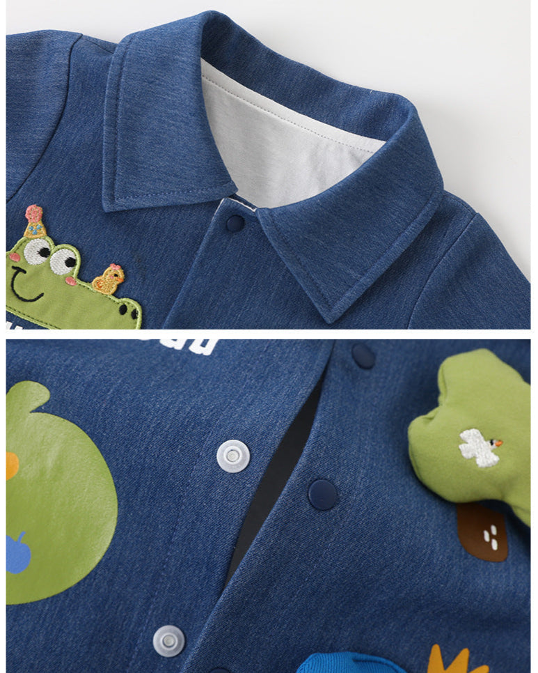 Denim Crocodile Tree Decor Long Sleeve Baby Jumpsuits