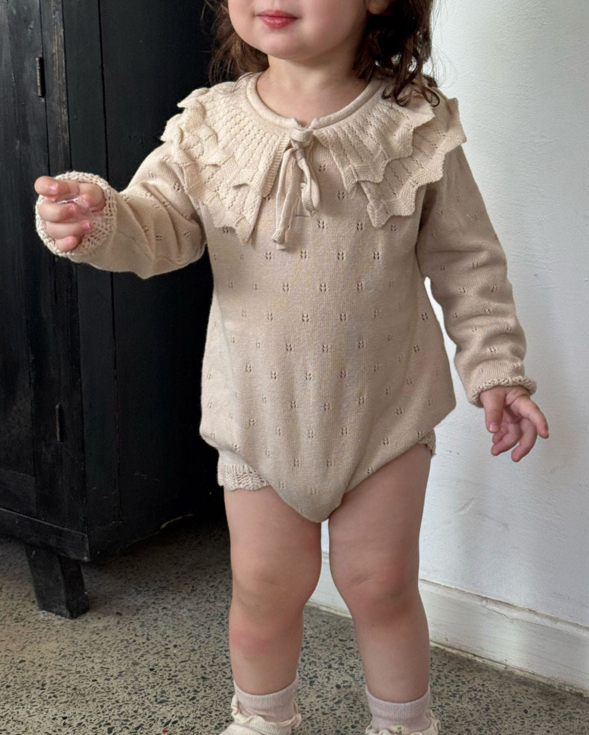 Lace-up Knitted Ruffled Collar Long Sleeve Baby Romper
