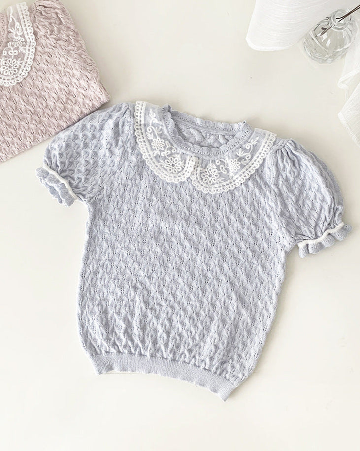 Sweet Breathable Knitted Short Sleeve Girl T-shirt