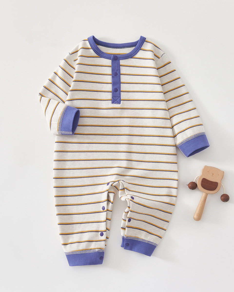 Striped Cotton Buttoned Long Sleeve Baby Jumpsuits