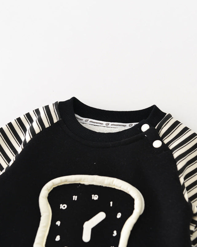 Clock Pattern Striped Fleece Baby Jumpsuits