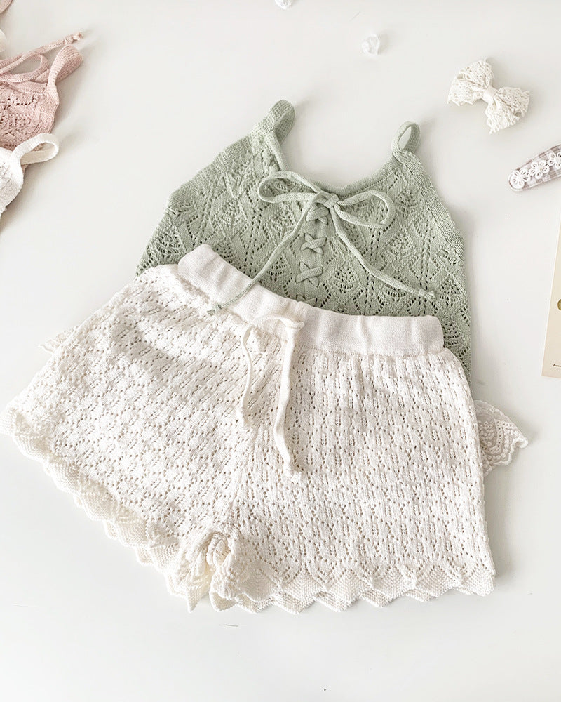 Lace-up Knitted Baby Girl Tank Top/Short Pants