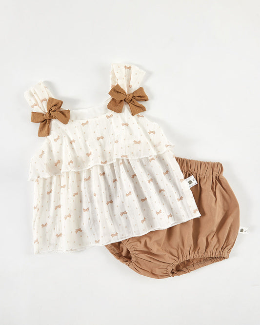 2pcs Color Block Sweet Bow Ruffled Baby Vest&Pants Set