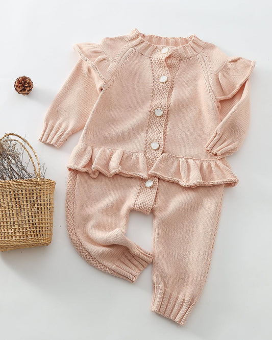 Ruffled Buttoned Knitted Long Sleeve Baby Jumpsuits
