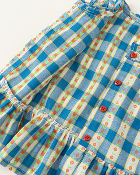 2pcs Plaid Floral Heart Buttoned Girl Top&Pant Set