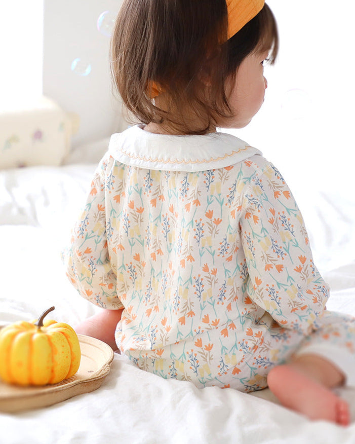 Cotton Sweet Floral Collar Long Sleeve Baby Jumpsuits