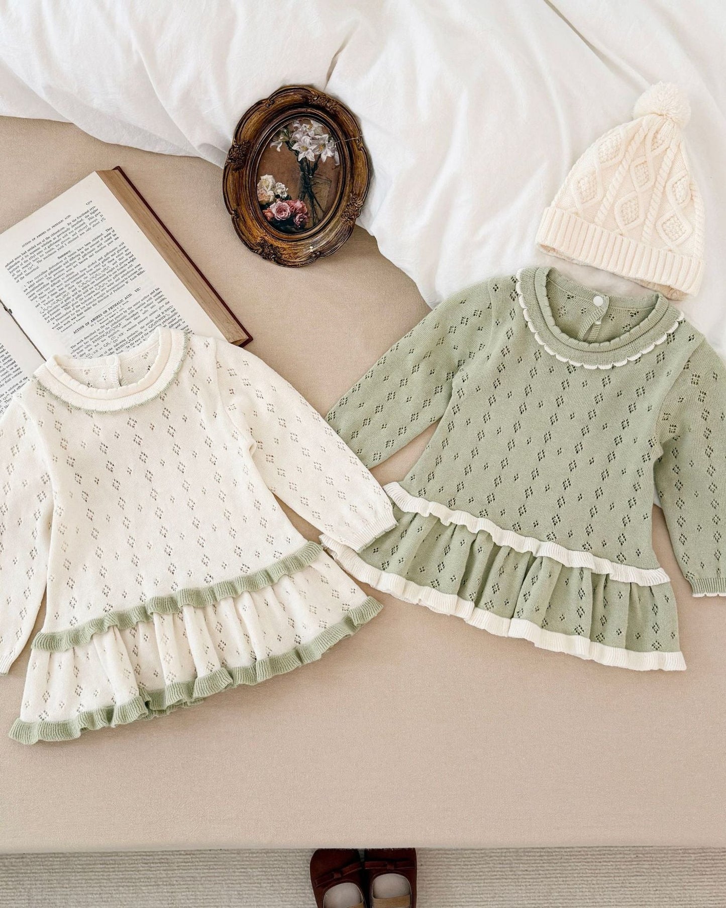 Hollow Knitted Layered Long Sleeve Baby Girl Dress
