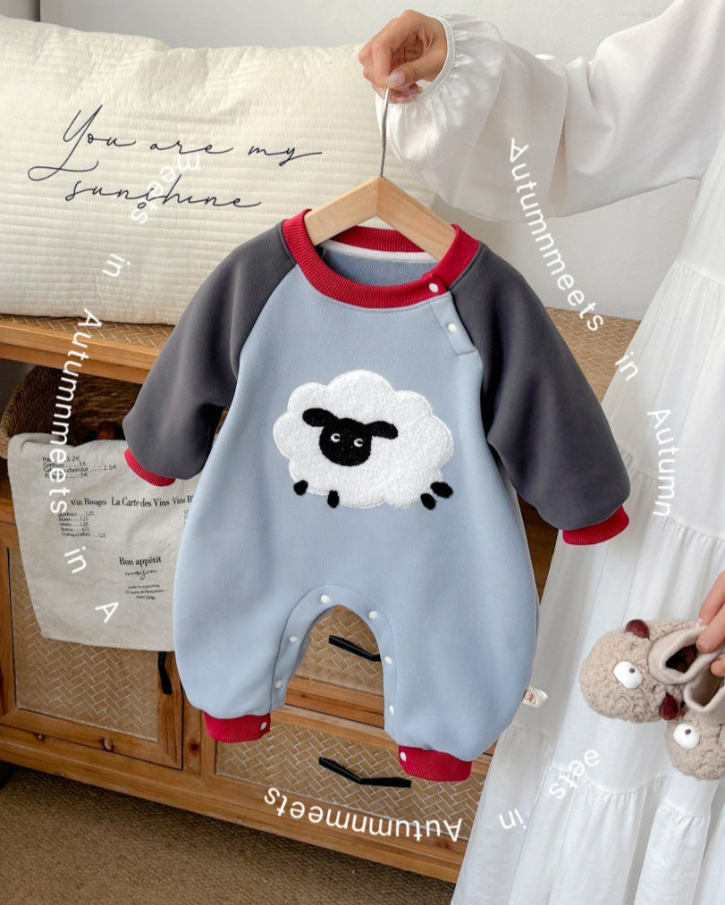 Cartoon Sheep Color Block Long Sleeve Baby Jumpsuits