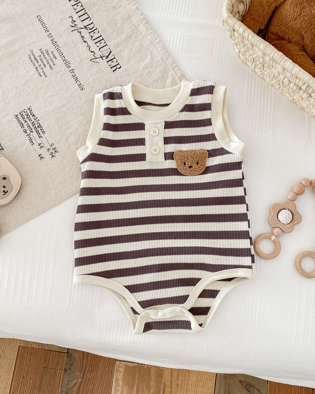 Striped Bear Head Sleeveless Baby Romper