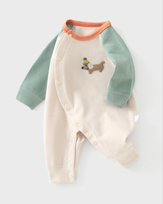 Casual Puppy Color Block Long Sleeve Baby Jumpsuits