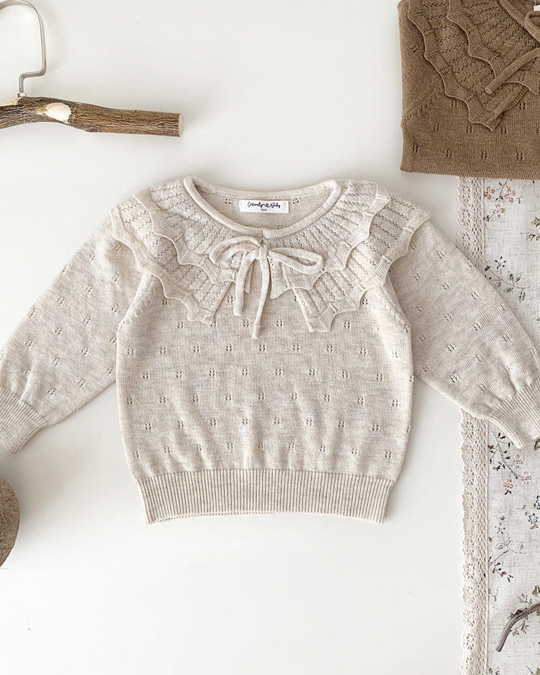 Sweet Lace-up Ruffled Collar Knitted Baby Sweater