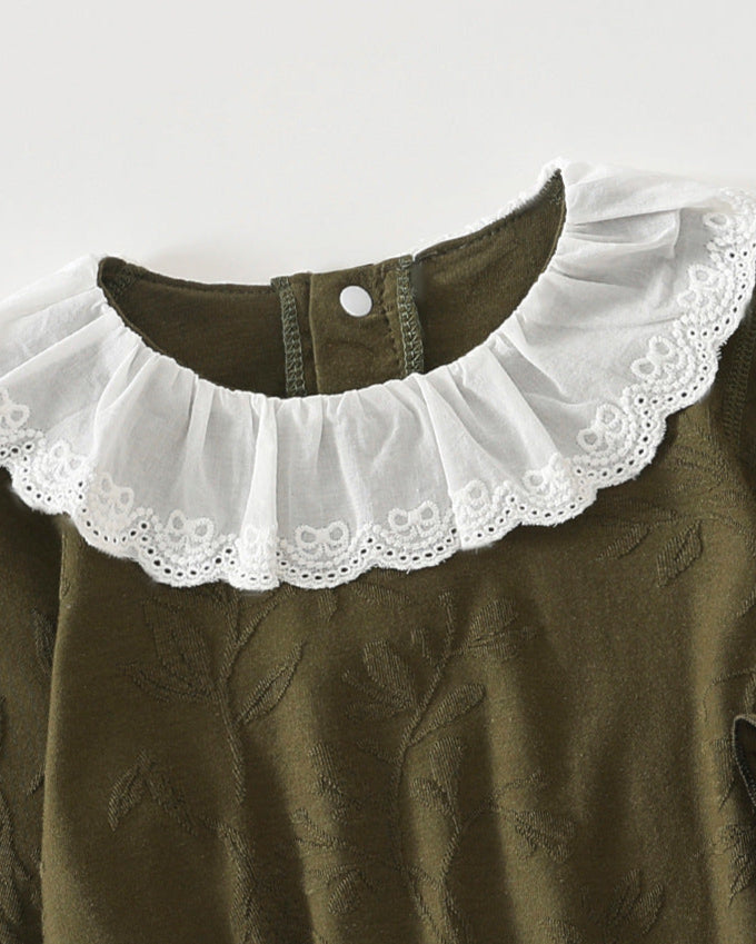 Lace Collar Leaf Pattern Long Sleeve Baby Romper