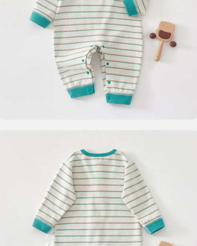 Striped Cotton Buttoned Long Sleeve Baby Jumpsuits