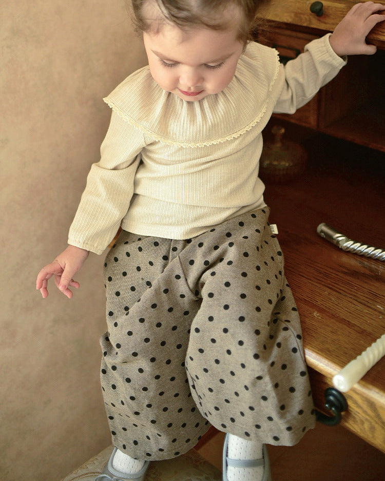 Ruffled Collar Long Sleeve Baby Girl Sweatshirt Polka Dot Pants