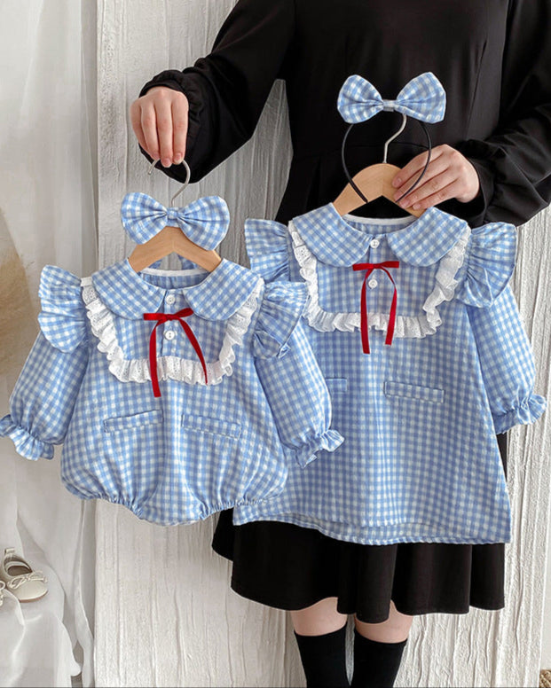 Ruffled Sleeve Plaid Girl Dress/Baby Romper