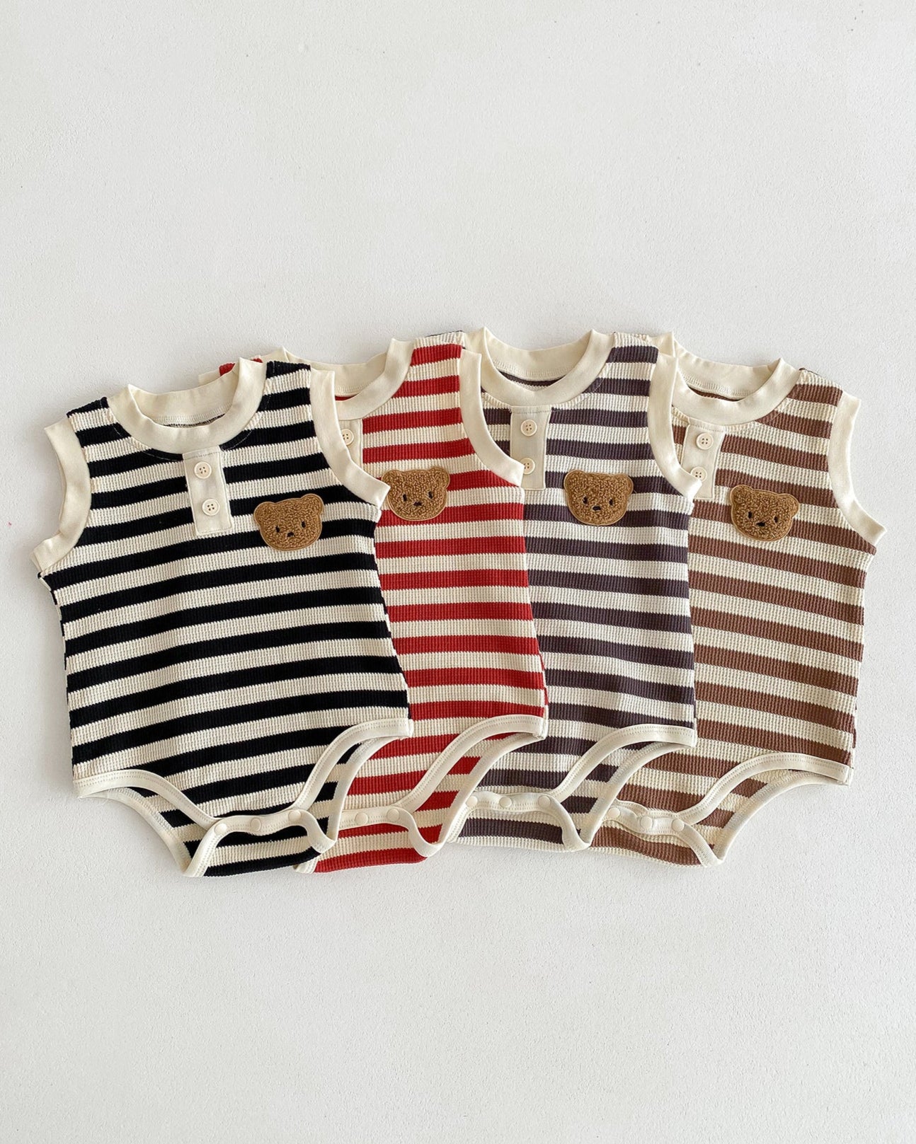 Striped Bear Head Sleeveless Baby Romper