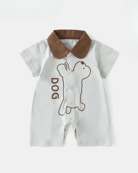 بذلة أطفال ناعمة بأكمام قصيرة وياقة بنقشة كلب