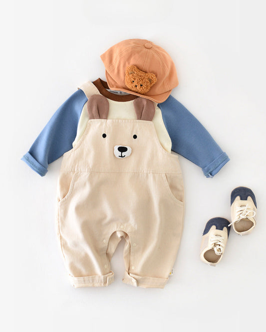 Color Block T-shirt Bear Baby Jumpsuits Set