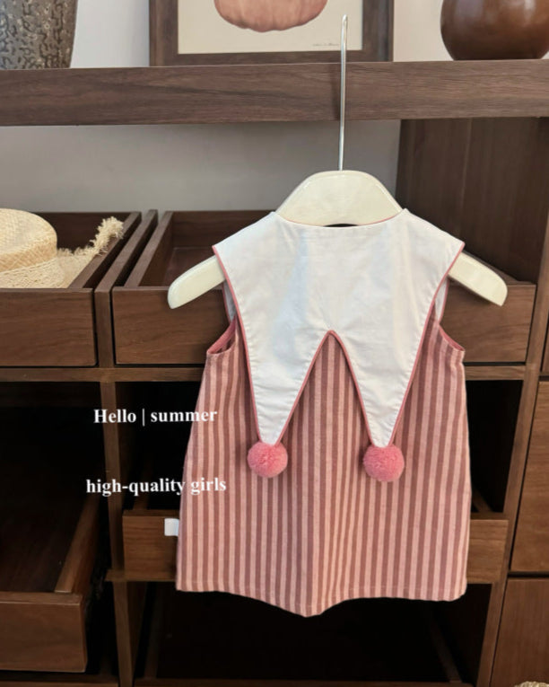 Dot Decor Collar Striped Sleeveless Baby Girl Dress