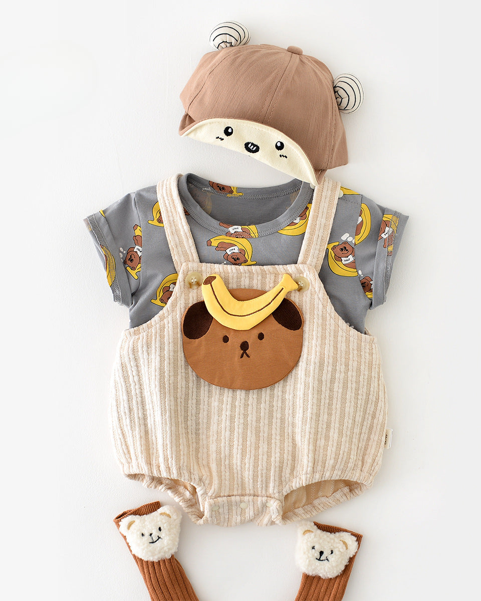2pcs Bear Banana Pattern Baby Tee&Romper Set