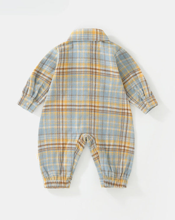 Dinosaur Plaid Printed Long Sleeve Baby Jumpsuits