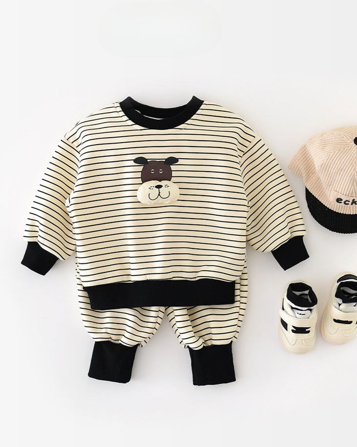 Fleece Striped Dog Decor Baby Sweatshirt Pants