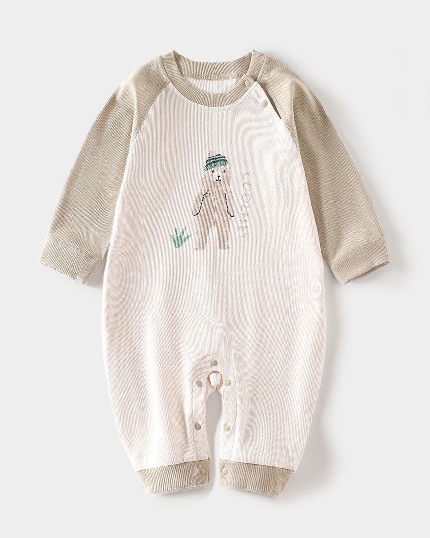 Bear Printed Color Block Long Sleeve Baby Jumpsuits