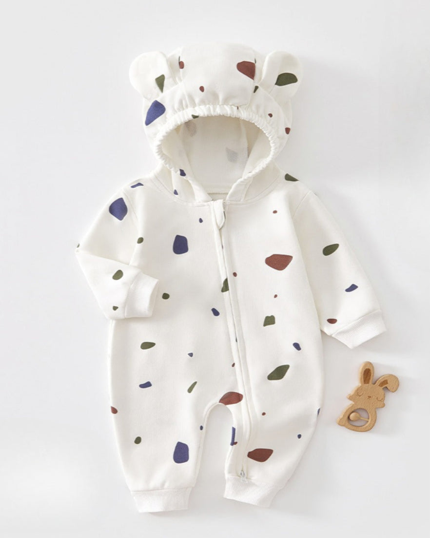 Cotton Printed Zipped Baby Ear Hooded Jumpsuits