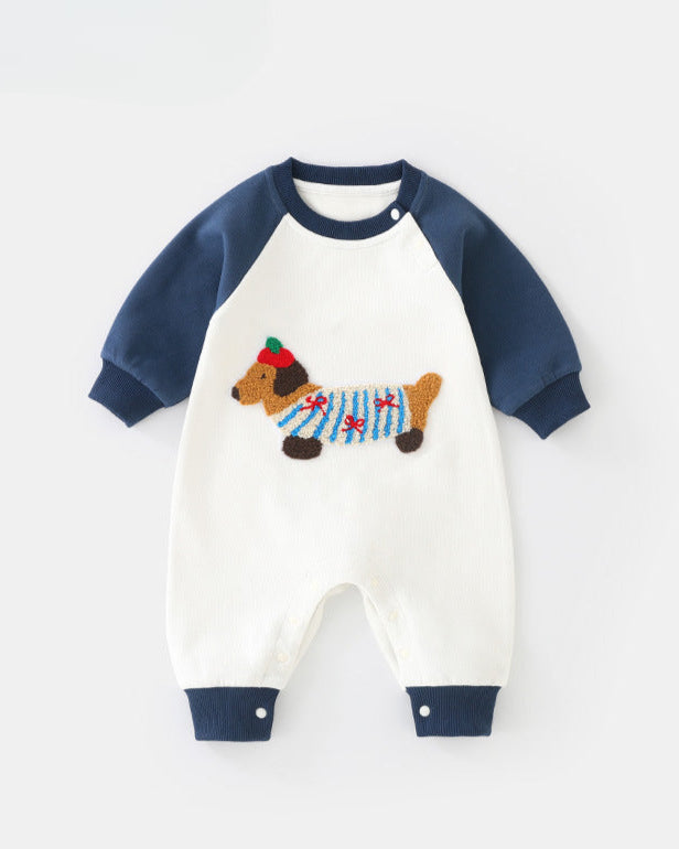 Dachshund Pattern Color Block Long Sleeve Baby Jumpsuits