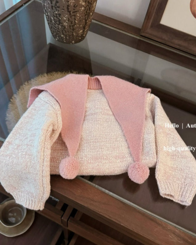 Knitted Ball Decor Color Block Girl Sweater Pants Set