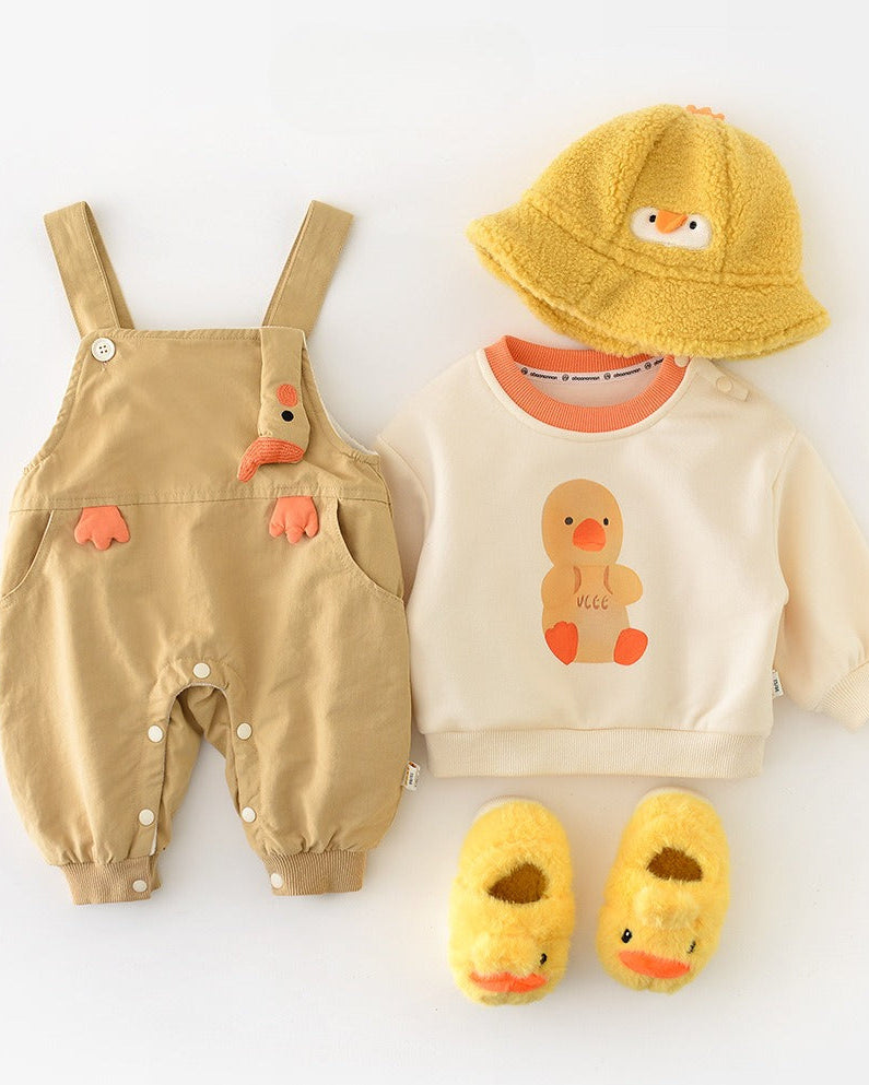 Cartoon Duck Pattern Fleece Baby Hoodie Jumpsuits
