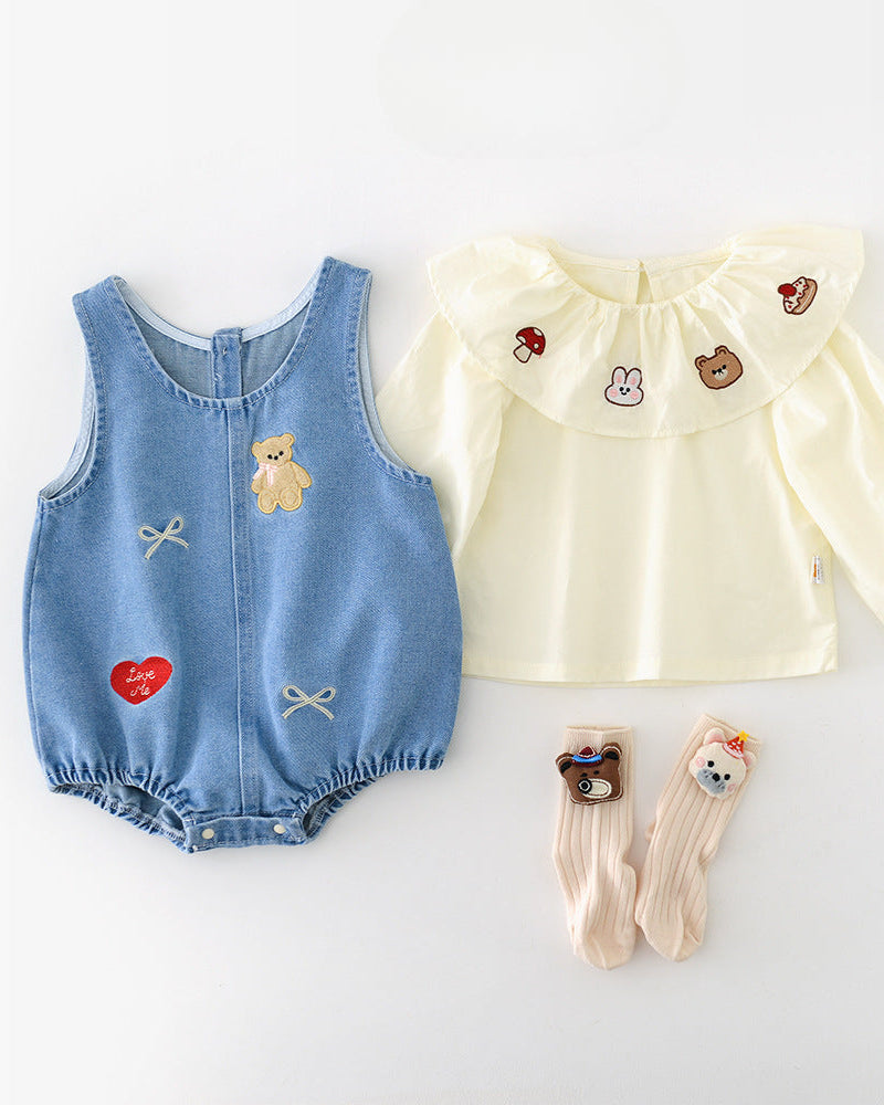 2pcs Cartoon Printed Denim Baby Shirt Romper Set