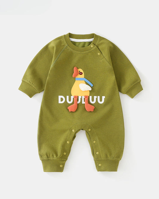 Duck Pattern Solid Color Long Sleeve Baby Jumpsuits