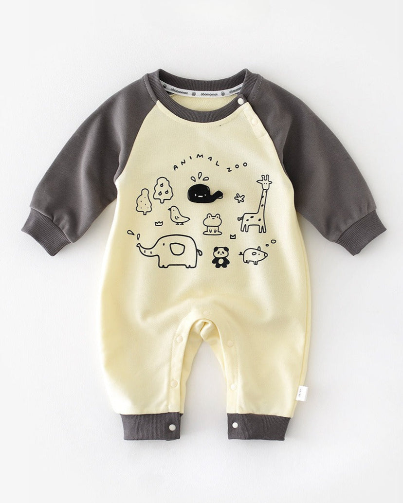 Zoo Pattern Color Block Long Sleeve Baby Jumpsuits