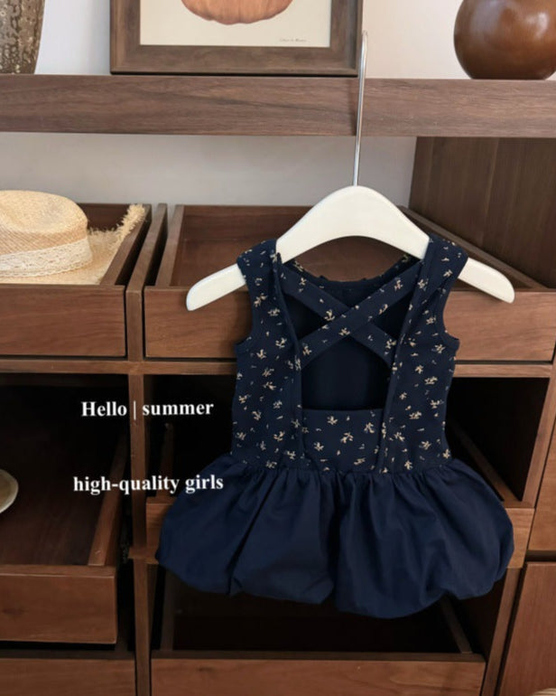 Sweet Floral Cross Backless Baby Girl Puffy Dress