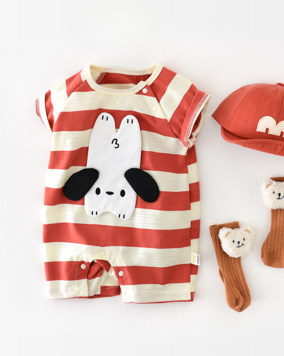 Striped Dog Pattern Short Sleeve Baby Jumpsuits