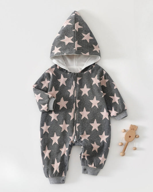 Star Printed Zipped Warm Baby Hooded Jumpsuits