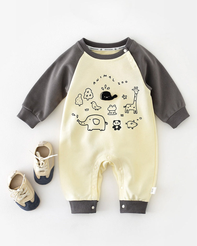 Zoo Pattern Color Block Long Sleeve Baby Jumpsuits