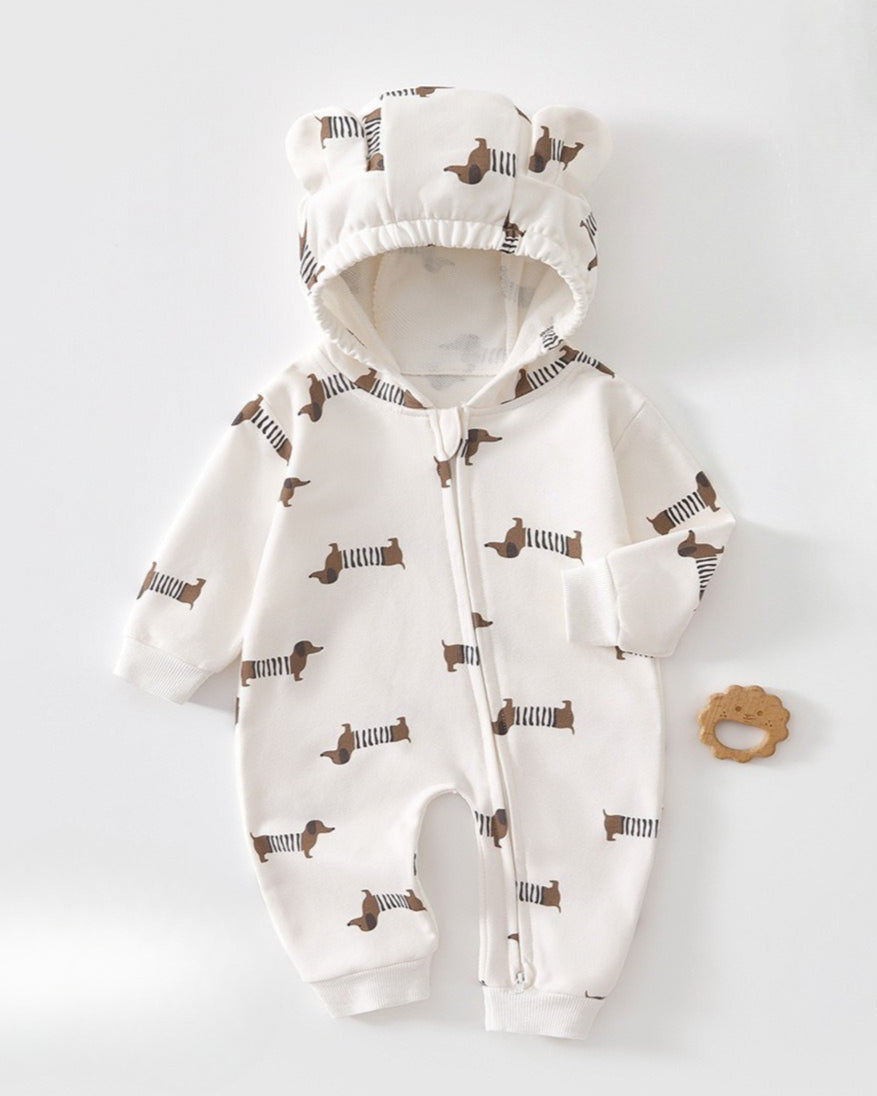 Cotton Printed Zipped Baby Ear Hooded Jumpsuits
