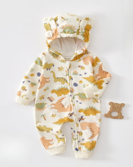 Cotton Printed Zipped Baby Ear Hooded Jumpsuits