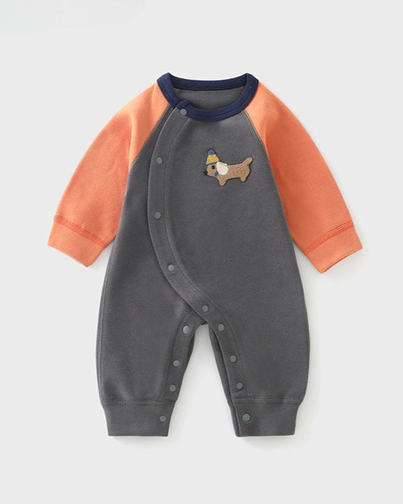 Casual Puppy Color Block Long Sleeve Baby Jumpsuits