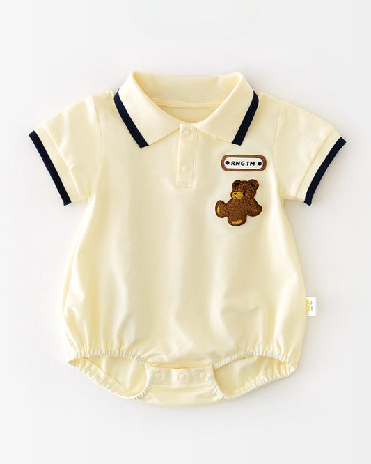 クマ柄無地コットンベビーロンパース